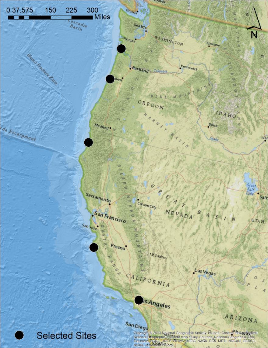 Sites Five sites along the West Coast WA, OR, and 3 in CA Chosen for proximity to the coast, geographic spacing, different climatic zones, and data availability Site