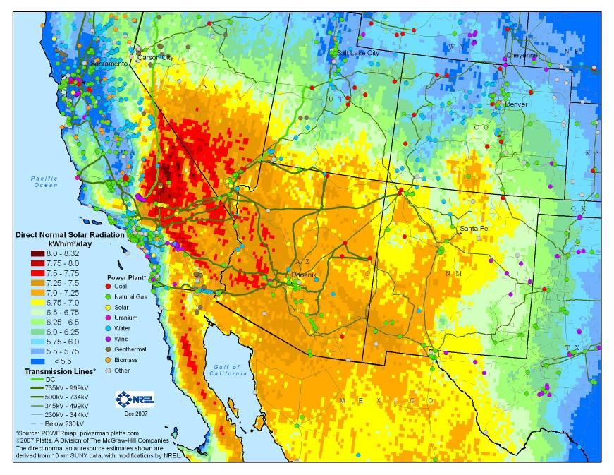 Energy Benefits Southwest Solar Energy Potential Land Area Solar Capacity Solar Generation Capacity State (mi 2 ) (MW) GWh AZ 13,613 1,742,461 4,121,268 CA 6,278 803,647 1,900,786 CO 6,232 797,758