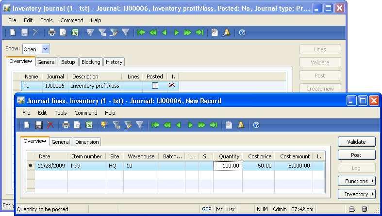 7 Inventory Management 7.4 Business Processes in Inventory 7.8 Journal Transactions In the main warehouse, you find 100 units of the item I-## that you have set up in exercise 3.4. Register and post an appropriate inventory transaction in a profit/loss journal.