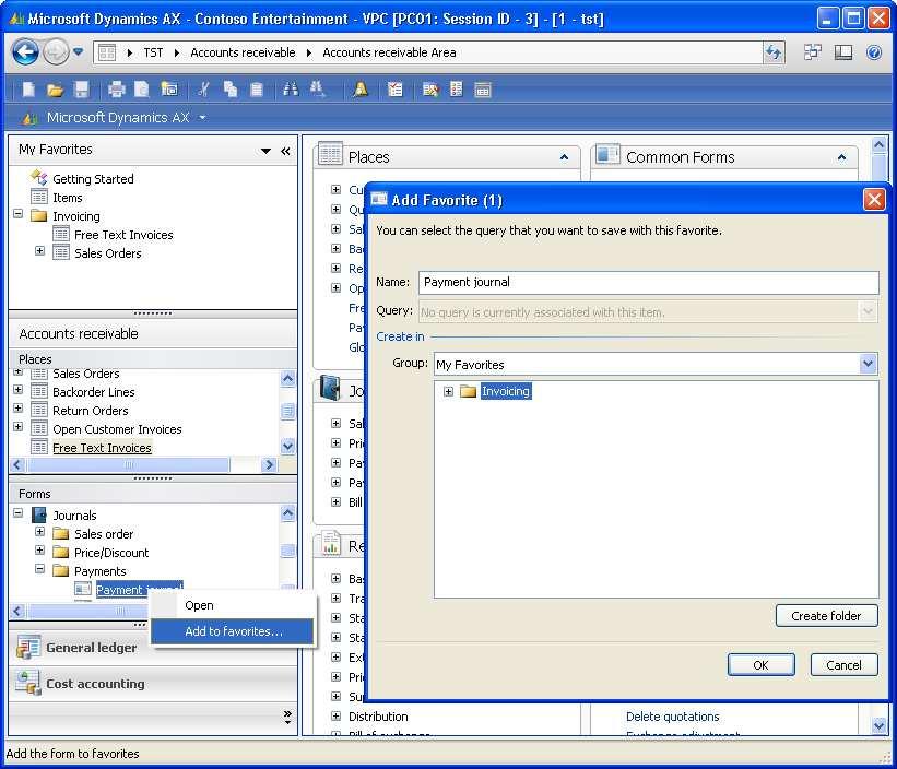 2.1 User Interface and Common Tasks you may add the items page to the main group ( My favorites ) as shown in Figure 2.2. If you want to add a folder to the favorites, you may choose the command Favorites/Organize favorites in the Dynamics AX workspace to open the favorites management dialog box.