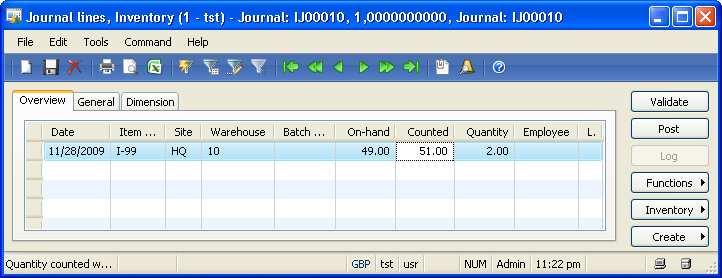 7.4 Business Processes in Inventory After switching to the counting journal lines form, you may generate appropriate journal lines pushing the button Create/Items.