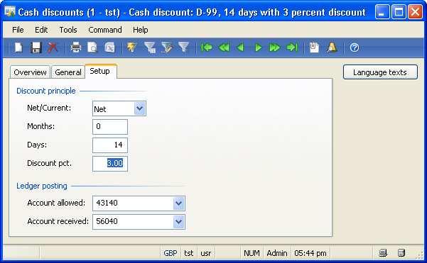 3 Purchasing Cash discount management is available in the form Accounts payable> Setup> Payment> Cash discounts.