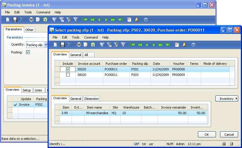 3.6 Invoice Receipt 3.14 Partial Invoice Now your vendor sends the invoice VI02 to you, which applies to the goods received with packing slip PS02 in exercise 3.11.