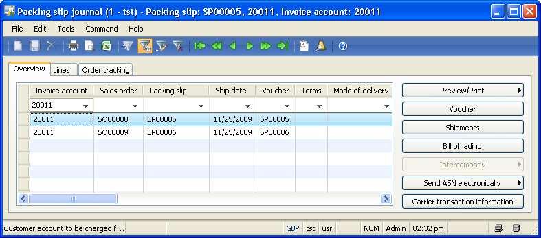 4 Sales and Distribution when switching to the tab Lines. Pushing the button Voucher on the tab Overview of the packing slip inquiry, you may access related ledger transactions. Fig. 4.