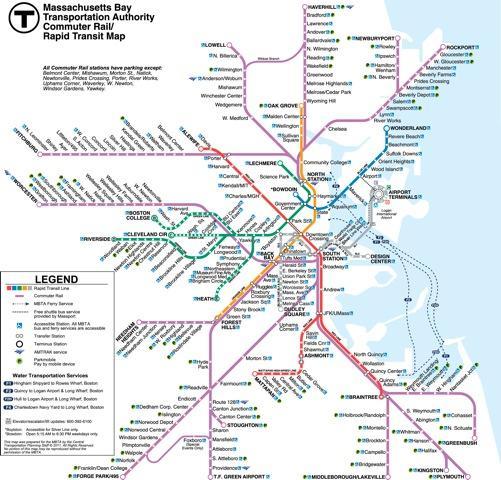 Boston is the Hub of the Universe Commuter Railroad (Purple) is divided North and South Subway system