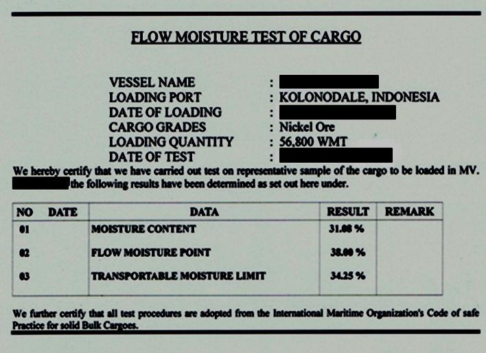 The heart of the problem - inaccurate declarations and certificates from shippers However, the cargo documentation provided to the masters indicated that the moisture content of the cargo samples was