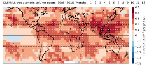 intercontinental pollution, fires, ships, aircraft OMI tropospheric ozone column trend, 2005-2016: increasing