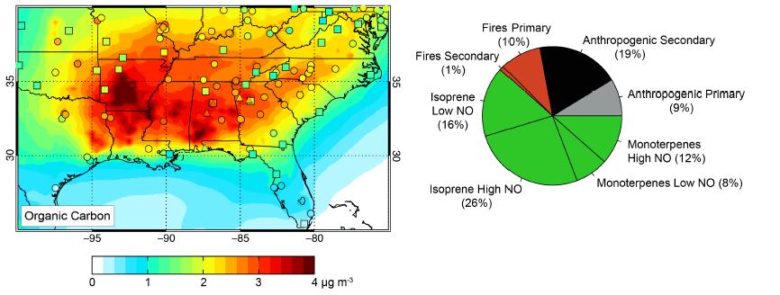 Sources of organic aerosol in the Southeast US in summer Observed (circles), GEOS-Chem (background) Aug-Sep 2013 GEOS-Chem source