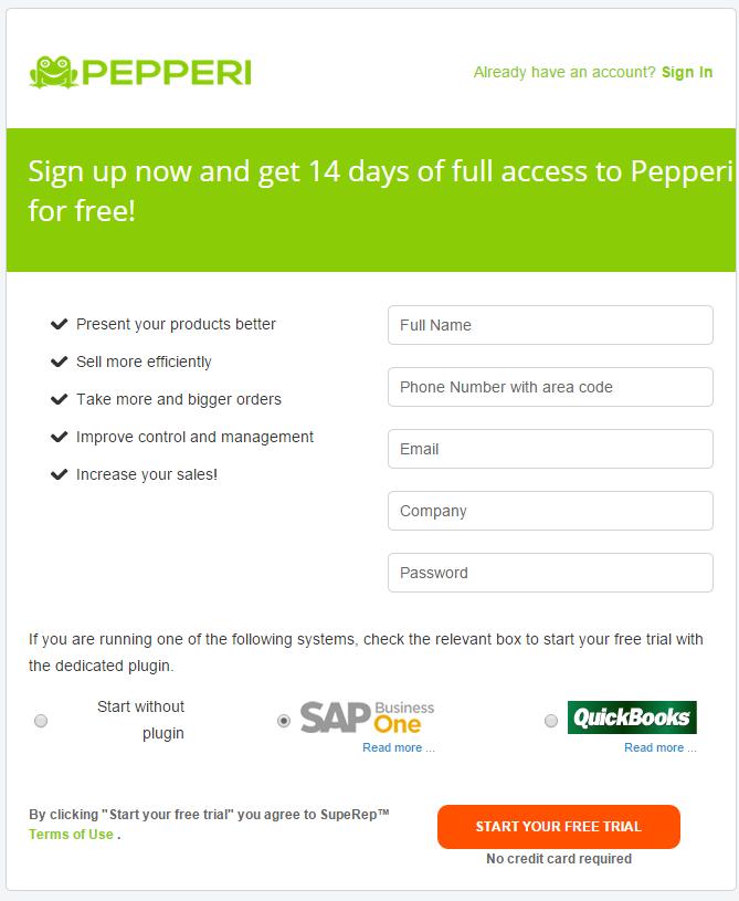 Installation and Setup 2. Click the "14-day free trial" button. The Pepperi registration page is displayed. 3.