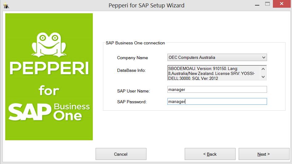 Installation and Setup OR Choose SQL Server Authentication and enter the SQL administrator name (e.g. "sa") and password. 5. Click Next. The SAP Business One Connection page opens. 6.