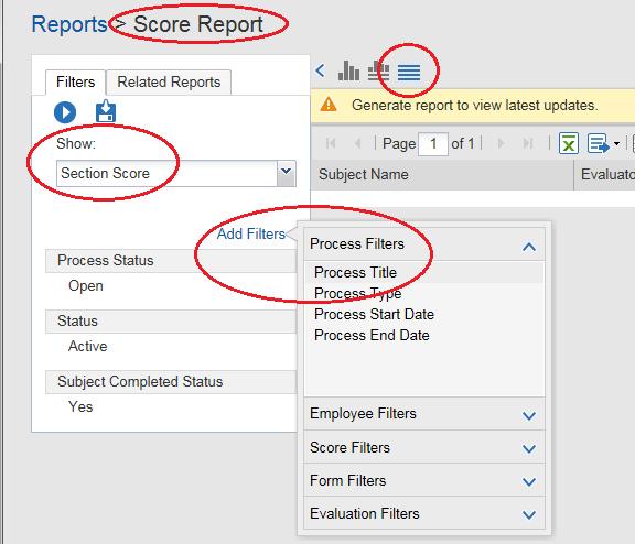 Using the Report Center to Run Reports 1. Overall Rating - Divisional Review Report a. Select the Reports option from the Main Menu b. Look for Score Report & under Actions click on icon Edit report.