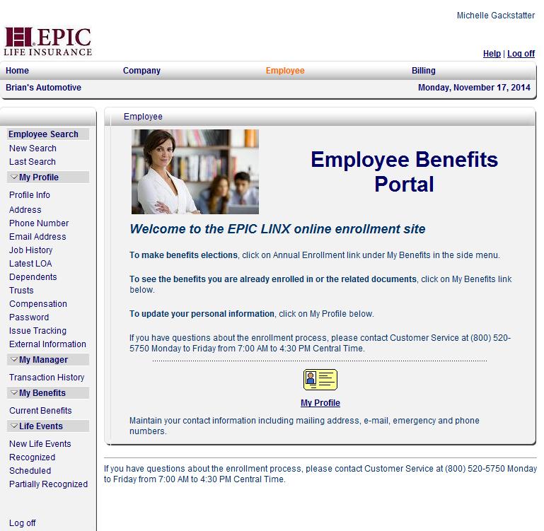 After you select the employee you would like to view, you will be sent to the Employee Benefits Portal for that individual.
