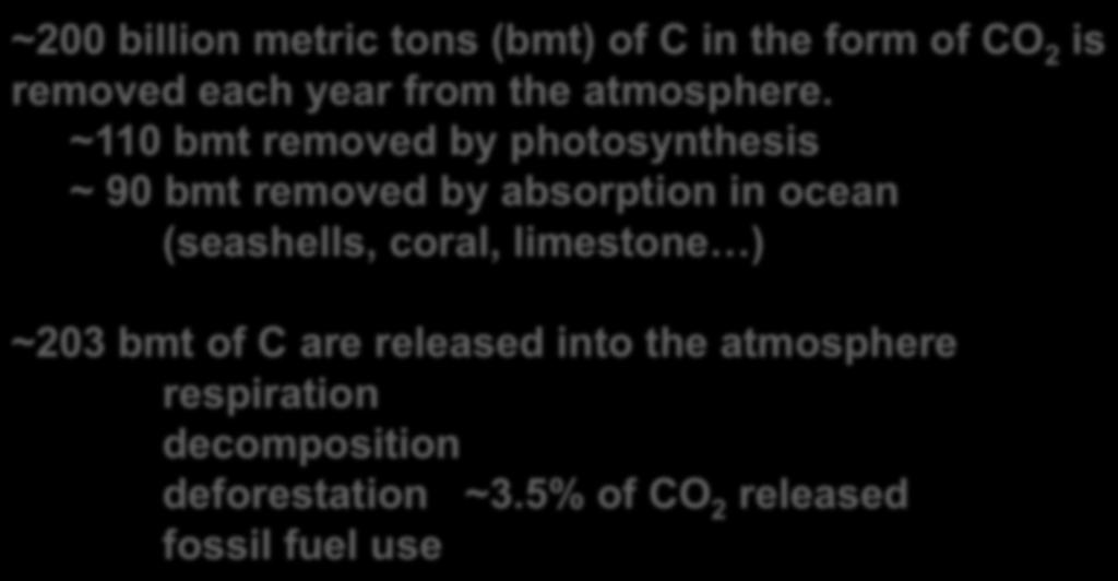 Summary ~200 billion metric tons (bmt) of C in the form of CO 2 is removed each year from the atmosphere.