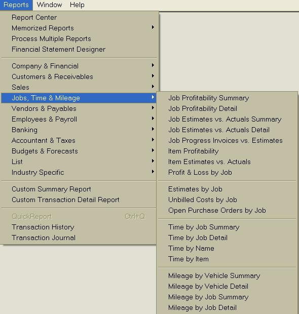 To access these work in process reports, you select Reports, then Jobs, Time and Mileage.