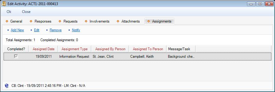 To send an email notification of any of the record s assignments, select the specific