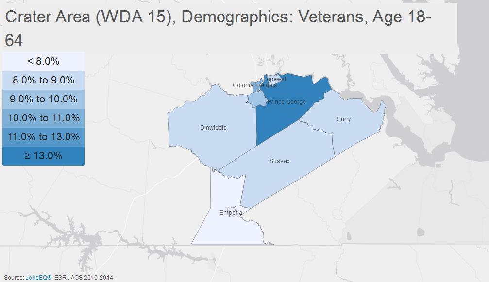 The percentage of veterans age 18-64 also varies across the region. The largest concentrations of veterans are in the area surrounding Fort Lee, specifically Prince George County (13.