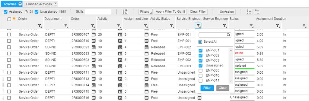 Activities Section Saving Filters: The planner can add a combination of column filters and save the same to the User Settings.