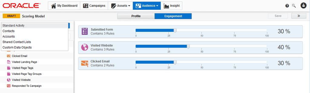 Lead Score by Profile & Engagement Score contacts based on profile criteria and engagement Run multiple scoring models on a single contact Automatically decrement