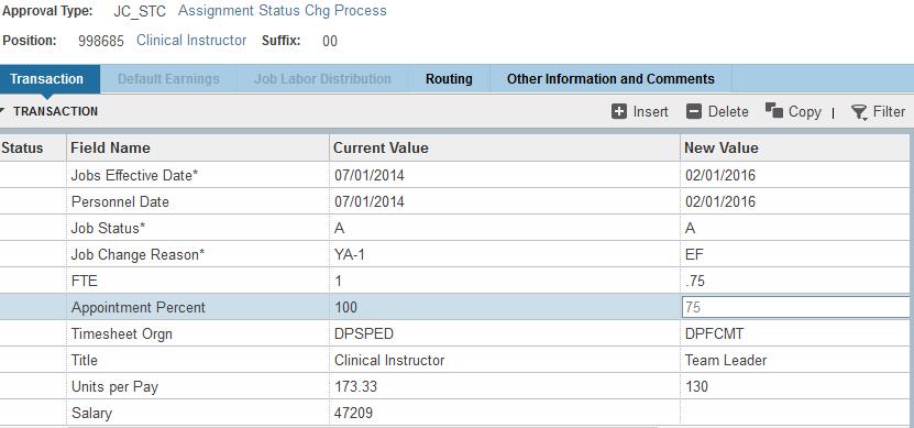 3. Fill in the following information in the New Values column. Required fields to submit the EPAF is marked with an asterisk (*). All other fields will only need to be filled in if it is changing.