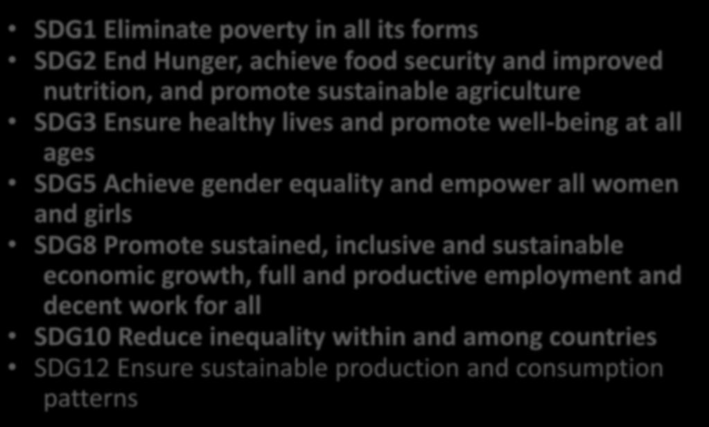 Reduce rural poverty (FAO SO3) SDG1 Eliminate poverty in all its forms SDG2 End Hunger, achieve food security and improved nutrition, and promote sustainable agriculture SDG3 Ensure healthy lives and