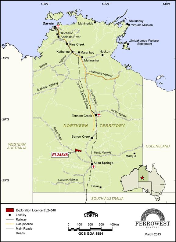 The Yalyirimbi Project The Project is located on Northern Territory Exploration Licence 24548 covering 787Km 2 and has an existing Inferred Resource of 14.1 million tonnes of haematite at 27.