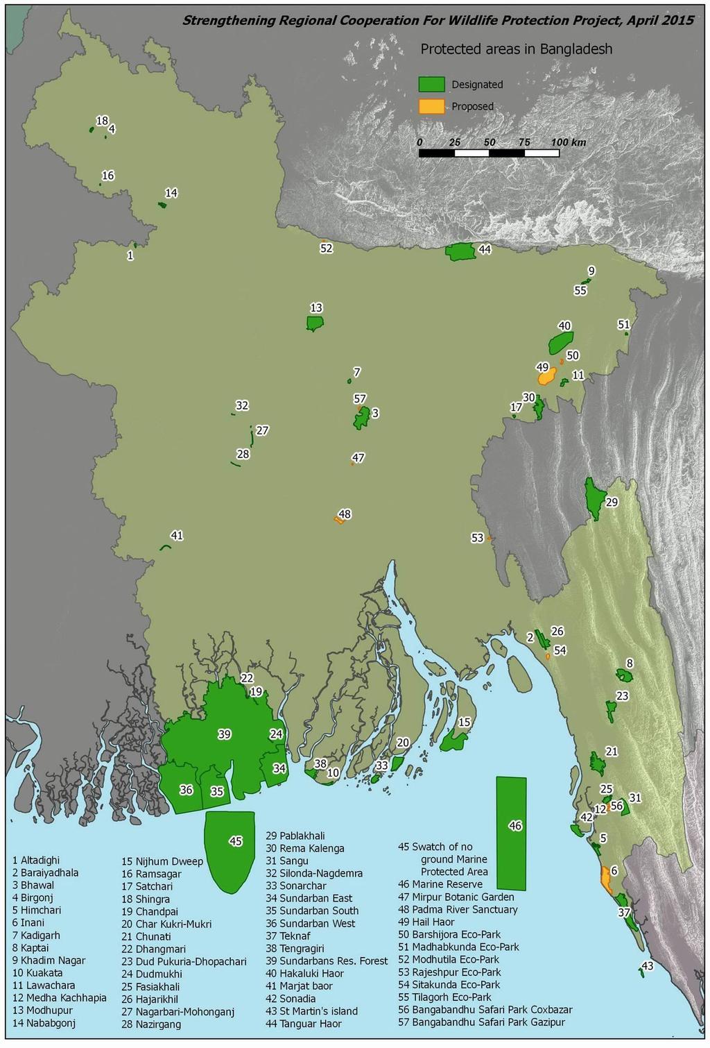 Note: Further discussion on issues related to wildlife management can be found in Chapter 10. Map 1-4: Protected Areas in Bangladesh.
