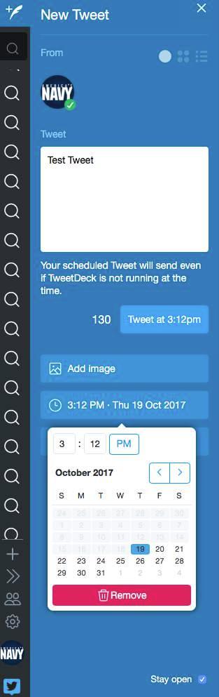 V. TWEETDECK 4. SCHEDULING POSTS You may want tweets to go up at a time when you are not in the office. Tweetdeck gives you the opportunity to schedule out posts in advance.