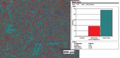 Figure 4: Colour attributed as-sintered PM Ti-6Al-4V microstructure with image analysis insert.