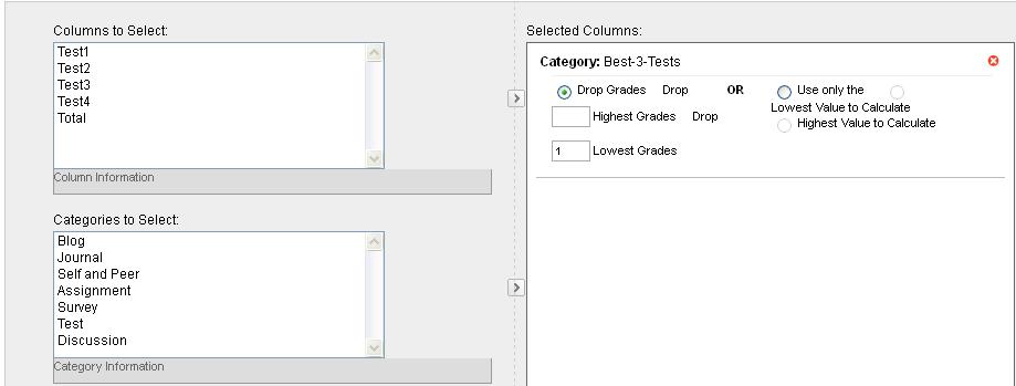 4. In the SELECTED COLUMNS pane, under your category, there will be an area to indicate settings for dropping grades.