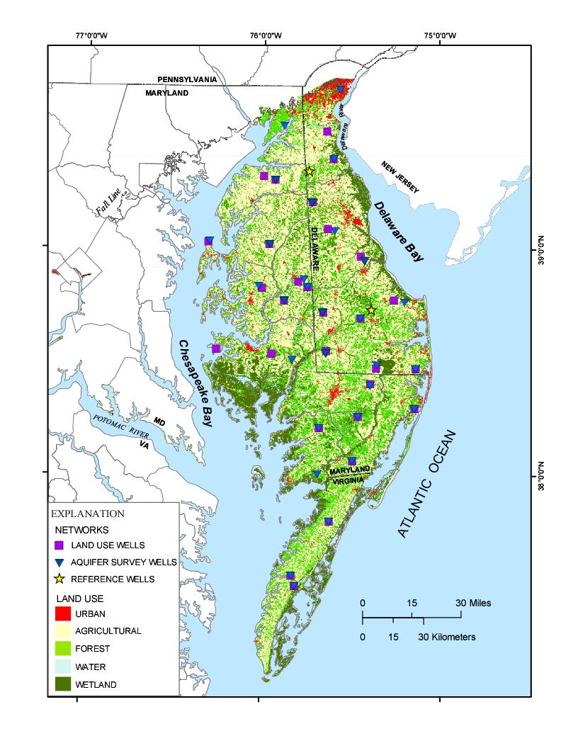 Delmarva Peninsula Soils and aquifer sediments are generally sandy Water table is shallow; about 15 inches of recharge/year The surficial aquifer is susceptible to contamination from human activities