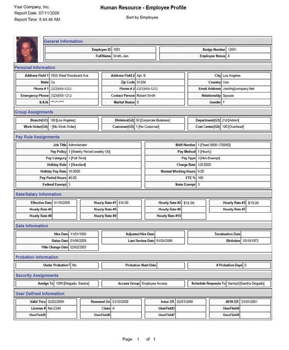 Human Resource Employee Profile Report List of all the personnel information recorded in the system about an employee.