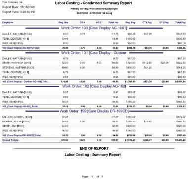 Labor Costing / Tracking Summary Reports Lists the labor costs based on Group-level group 5 (G5) such as in this example, Work Order.