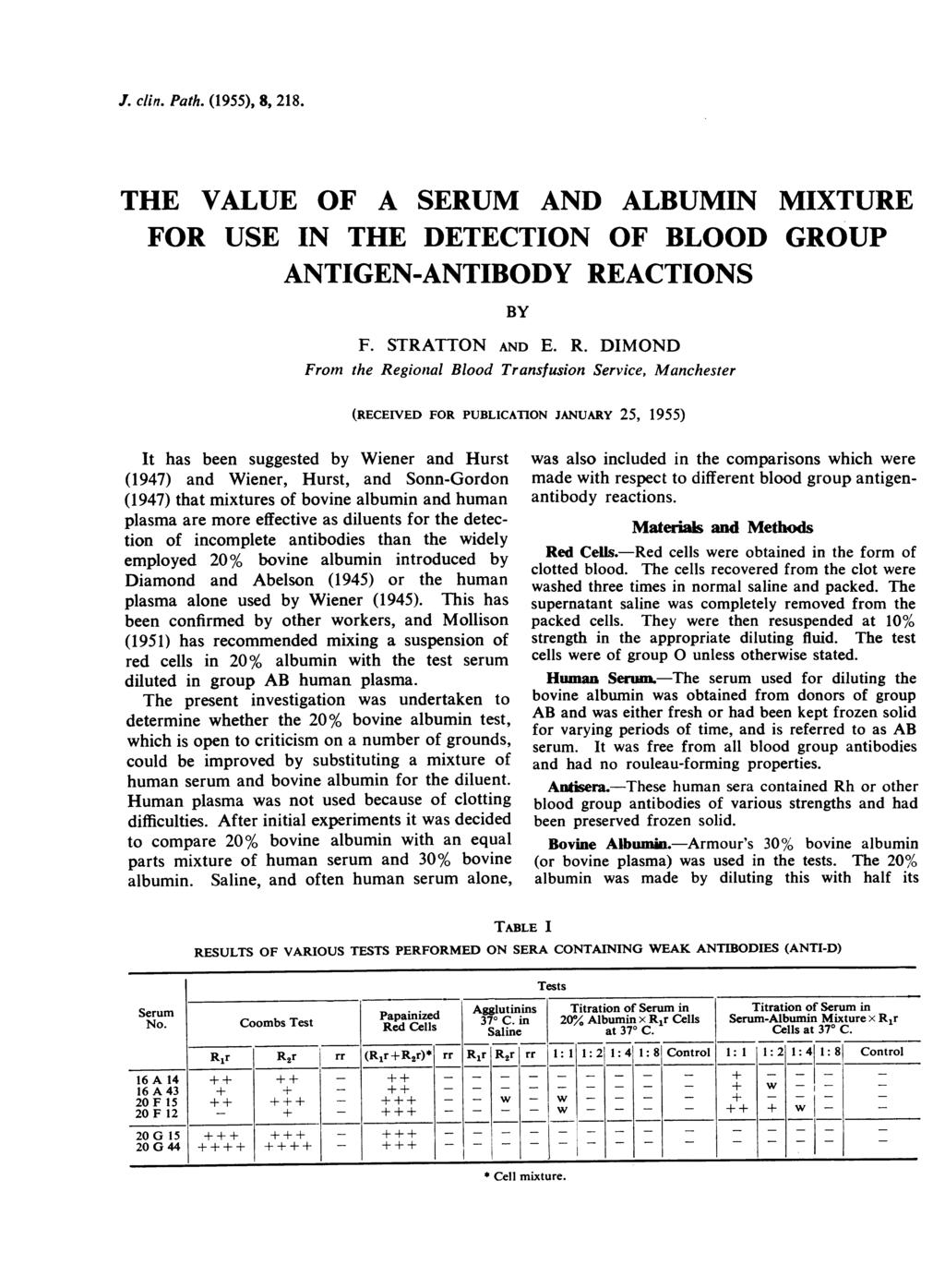 J. clin. Path. (1955), 8, 218. THE VALUE OF A SERUM AND ALBUMIN MIXTURE FOR USE IN THE DETECTION OF BLOOD GROUP ANTIGEN-ANTIBODY RE