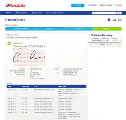 TIP: Click the View proof of delivery and signature link and enter the Purolator Business Account number, the Origin Postal Code or the Destination Postal Code to view proof of delivery.