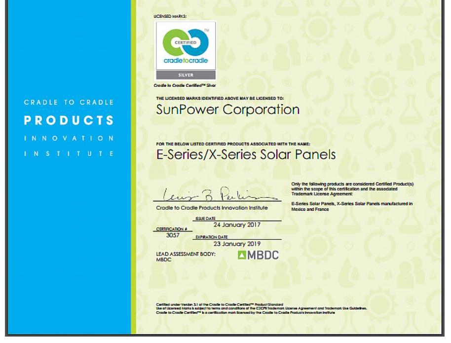 Concern: Removal/Recycling of the equipment SunPower E-series and X-series solar panels have a cradle-tocradle certification.