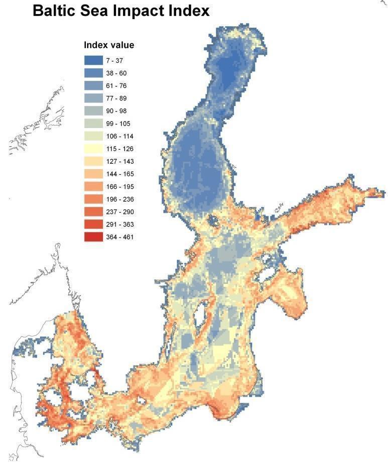 1. A map of Ecosystem Impacts in the Baltic Sea Blue = Low level of impact on the ecosystem from human activities; Red = High level of impact on the ecosystem from human activities.