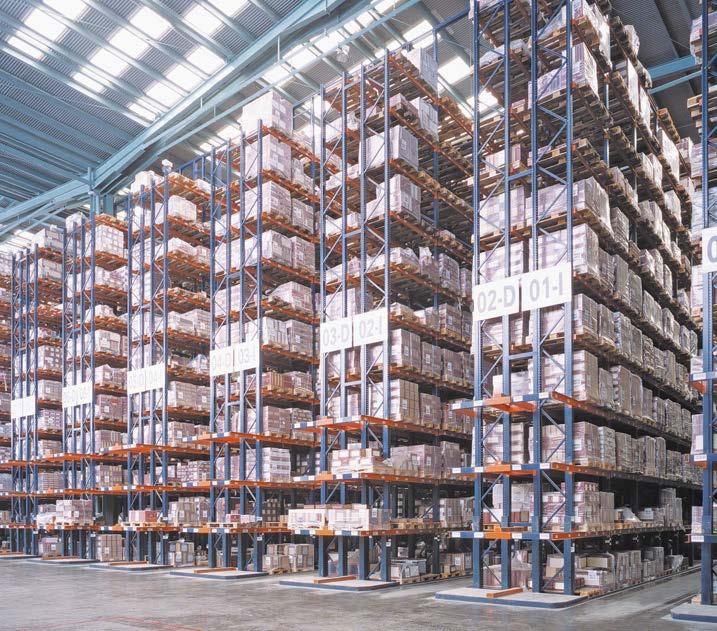 High bay pallet racking with narrow aisles Warehouses of this kind have very tall racks