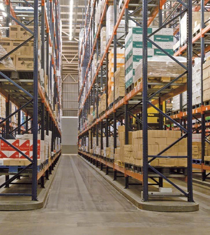 General features The above image shows a pallet racking warehouse, with pallets handled by their 1,200 mm edge Conventional pallet racking warehouse.