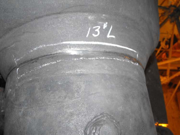 toe of the weld on the same wye block. These indications were evaluated and confirmed to require repairs.