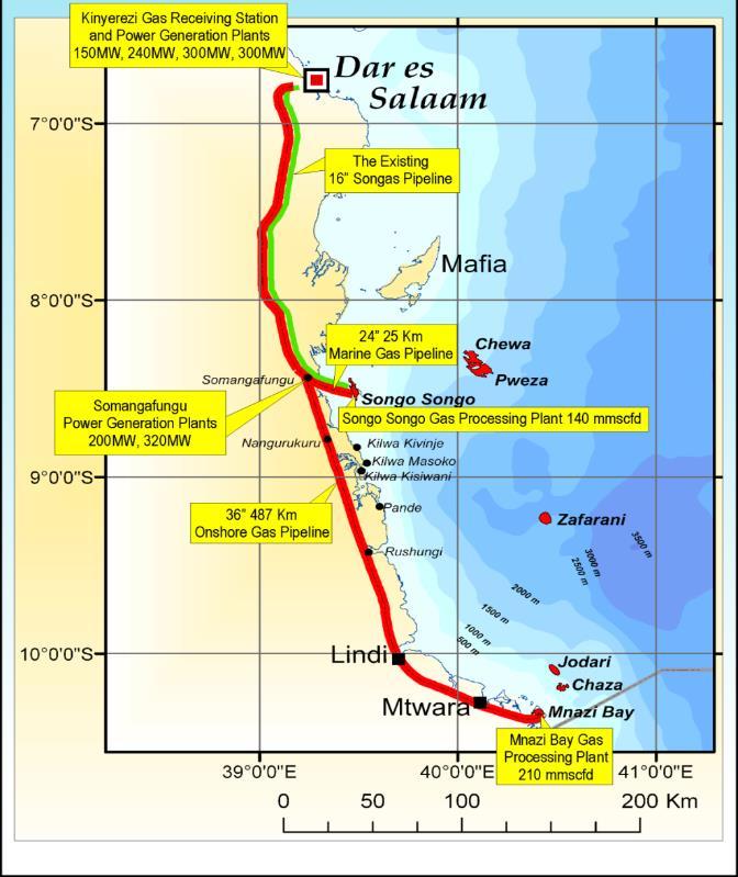 Gas Pipeline Mtwara & Songo Songo to DSM Gas Pipeline Project New Natural Gas Infrastructure Project (NNGIP): 100% owned by GoT, to transport natural gas from Mtwara to Dar es Salaam (DSM) Processing