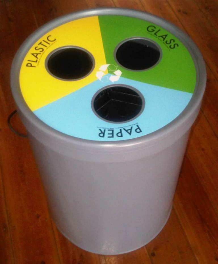 7.2 Three-Waste EcoCylinder Bin Our 100 litre EcoCylinder recycling bin (section 7.1) has been partitioned into 3 sections by means of 3 sturdy inside plastic sleeves.