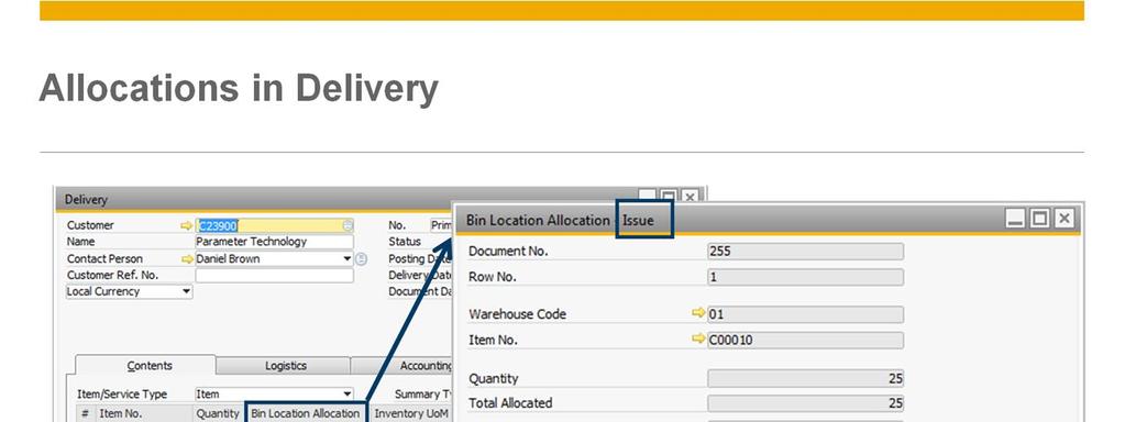 Every inventory issuing document that involves a managed bin location warehouse requires allocation of items to issue from specific bin locations.