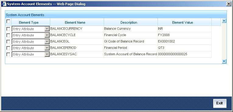 You can view the details of system defined elements and their corresponding values in the System Account Elements screen.