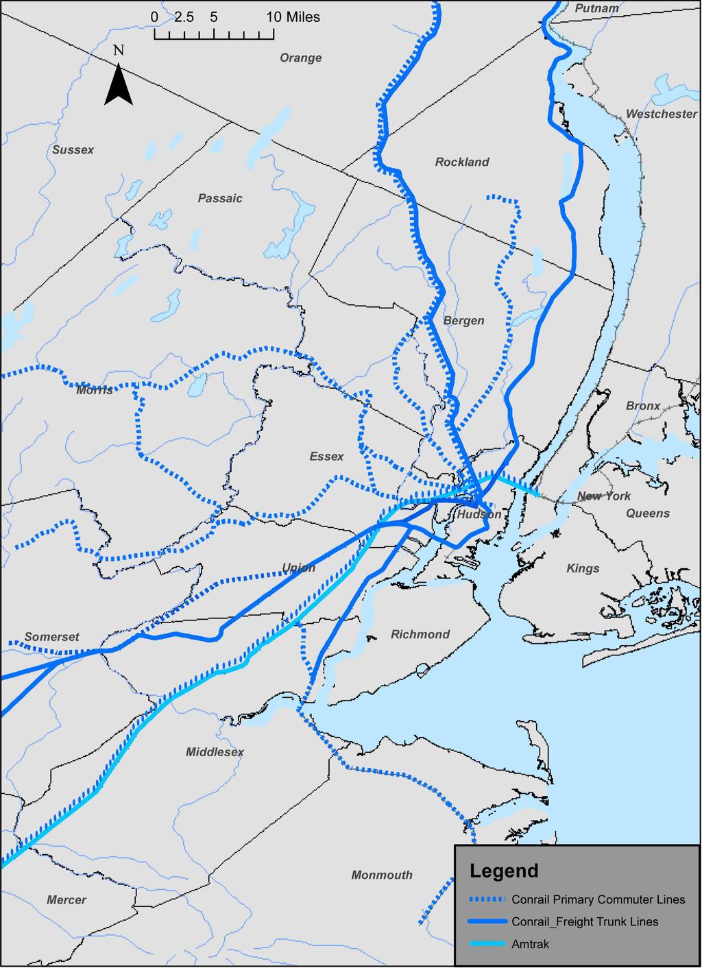 New Jersey Rail System Figure 1-8 Norther New Jersey Rail System The Conrail Era There was also a 900-day option period, during which states were able to buy assets useful for commuter service
