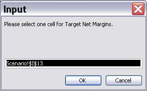 Selecting base scenario, recommended scenario, and target net margin cells You next will be asked to select different range cells to feed the optimization algorithm.