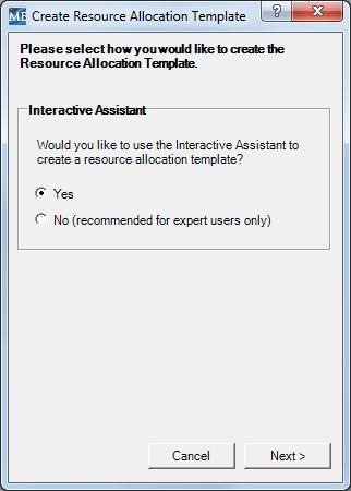 Step 1 Creating a template Using the interactive assistant In Excel, if you click on ME XL RESOURCE ALLOCATION CREATE TEMPLATE, a dialog box appears.