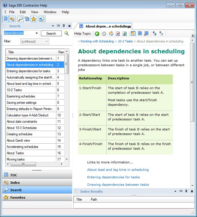 Manage Schedules Sage 100 Contractor The four relationships are shown on the next page (printed from the Help screen). Let s review our schedule and determine how we can use the new relationships.