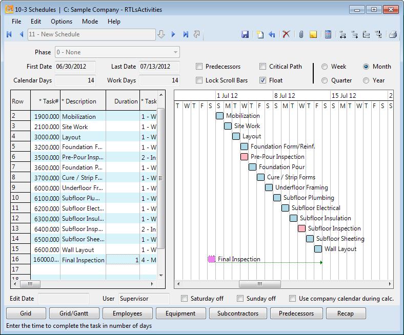 Manage Schedules Sage 100 Contractor Screen Verification Checking the float box reveals the float as represented by the green arrow By adding a new task, we must determine what its predecessor will