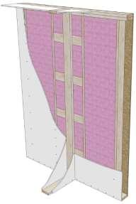 blocking and (2) continuous drywall. Neither option introduces any additional studs in the exterior wall, maintaining the standard stud spacing at 16 or 24 inches on center.