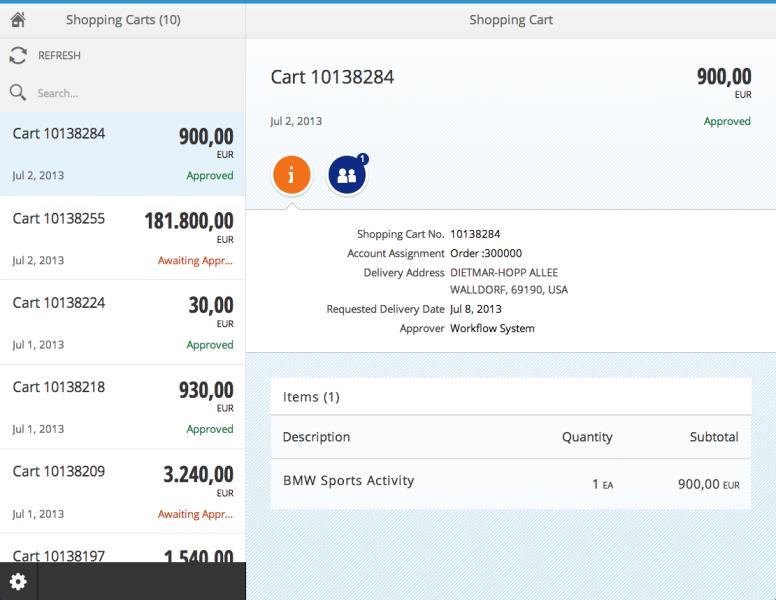 Track Shopping Carts Wave 1 What is This About? SAP Fiori Track Shopping Carts enables employees to view their recent shopping carts, including their approval status, cart content, and total cost.